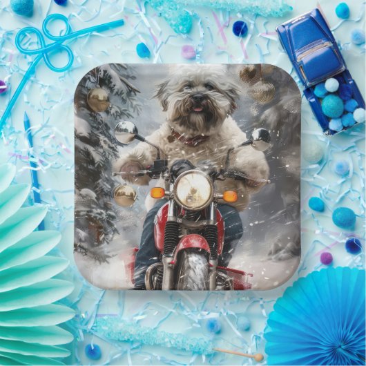 ハバニーズ犬がオートバイクリスマスに乗る ペーパープレート (パーティー)