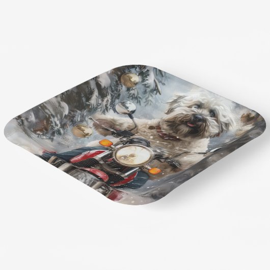 ハバニーズ犬がオートバイクリスマスに乗る ペーパープレート (傾斜あり)