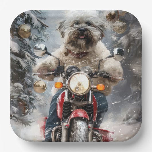 ハバニーズ犬がオートバイクリスマスに乗る ペーパープレート (正面)