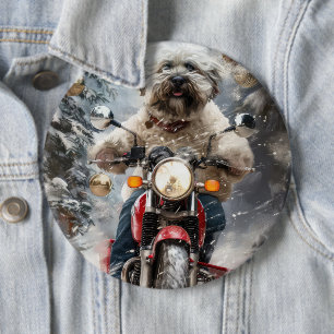ハバニーズ犬がオートバイクリスマスに乗る 缶バッジ