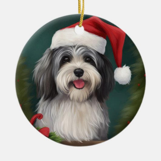 ハバニーズ犬と雪のクリスマス セラミックオーナメント (正面)