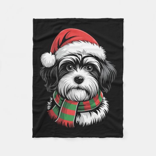 ハバニーズ犬のクリスマスサンタハットスカーフクリスマスコスタム フリースブランケット (正面)