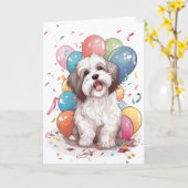 ハバニーズ犬の誕生日パーティーのグリーティングカード カード (黄色い花)