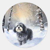 ハバニーズ犬の雪降るクリスマス ラウンドシール (正面)