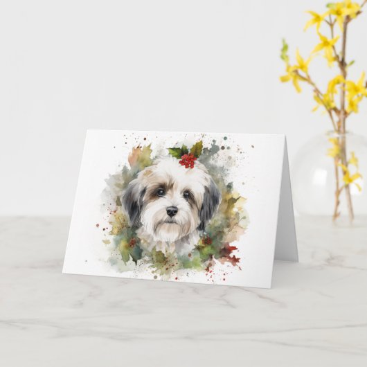 ハバニーズ クリスマスリース クリスマスの仔犬 カード (黄色い花)