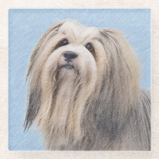ハバニーズ(シルバー)絵画ズ – かわいいオリジナルドッグアート ガラスコースター (正面)
