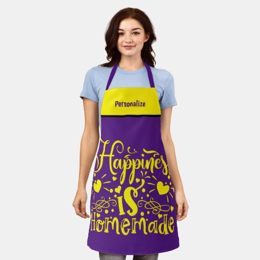 ハピネス自家製引用文パープルイエロー エプロン (着用した状態)
