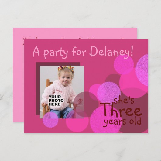 ハピネス誕生日パーティーへの招待(cerise) インビテーションポストカード (正面/裏面)