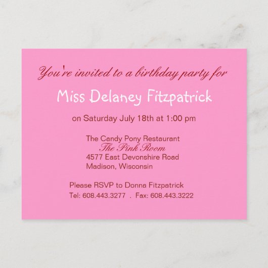 ハピネス誕生日パーティーへの招待(cerise) インビテーションポストカード (裏面)