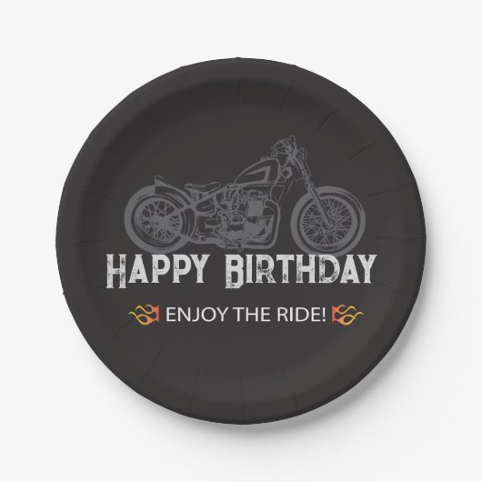 ハピーバイクもしくは自転車に乗る人誕生日オートバイライダー ペーパープレート (正面)