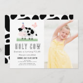 ハピーバースデー ピンクの蝶の牛の女の子の写真 招待状 (正面/裏面)