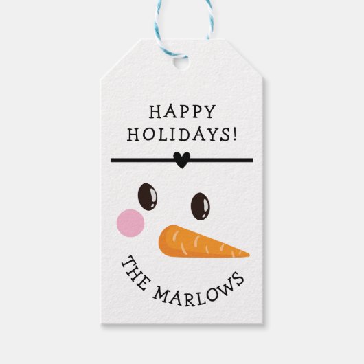 ハピー雪だるま顔パーソナライズされたホリデイ名 ギフトタグ (正面)