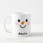 ハピー雪だるま顔名前をカスタムするホリデー コーヒーマグカップ (左)