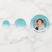 ハピー80th誕生日シックティール(緑がかった色)ブルーグリッター コンフェッティ (正面)