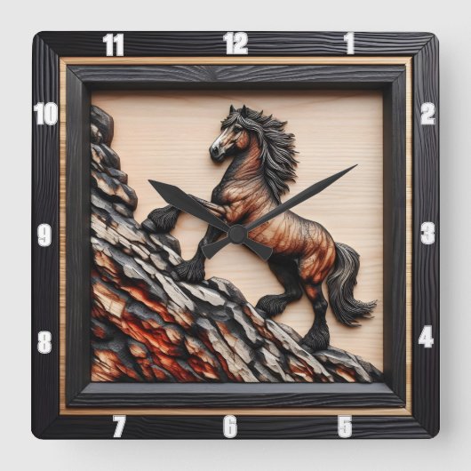 ハフリンガーアセント:黒褐色の木カスタム材 スクエア壁時計 (正面)