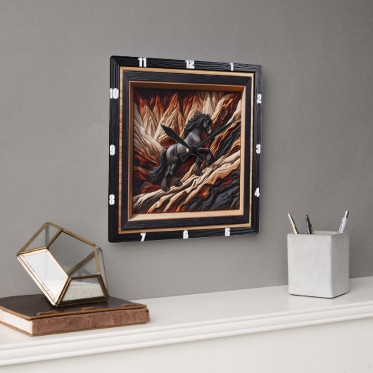 ハフリンガーブラックホース:ウッドアートスタイル選択 スクエア壁時計 (オフィス)