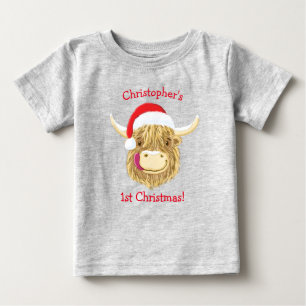 ハミパーソナライズされたッシュ高地牛初めてのクリスマス ベビーTシャツ