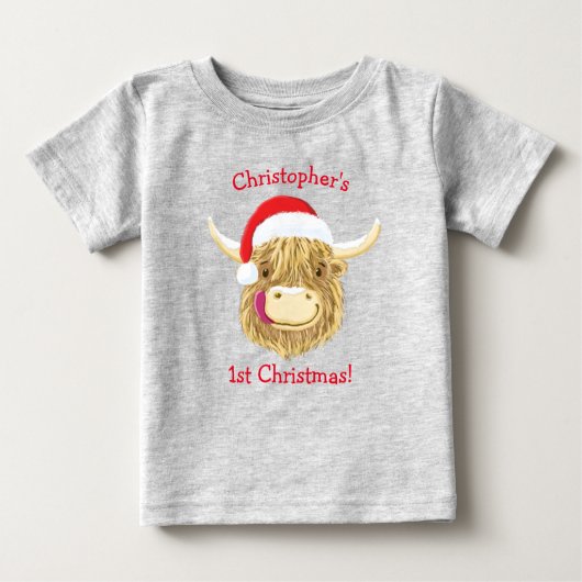 ハミパーソナライズされたッシュ高地牛初めてのクリスマス ベビーTシャツ (正面)
