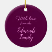 ハミモダンドリのピンク紫パーソナライズされた セラミックオーナメント (裏面)