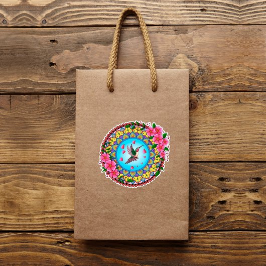 ハミングカラフルバードとピンク色の花を持つ曼荼羅 シール