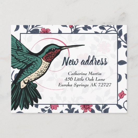 ハミングバかわいらしードピンクの花のつる植物新しいアドレス ポストカード (正面)
