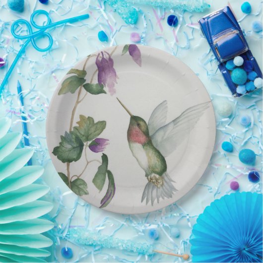 ハミングバエレガントードウォーターカラークリームピンクの花 ペーパープレート (パーティー)