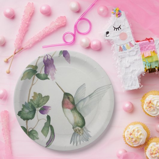 ハミングバエレガントードウォーターカラークリームピンクの花 ペーパープレート (パーティー)