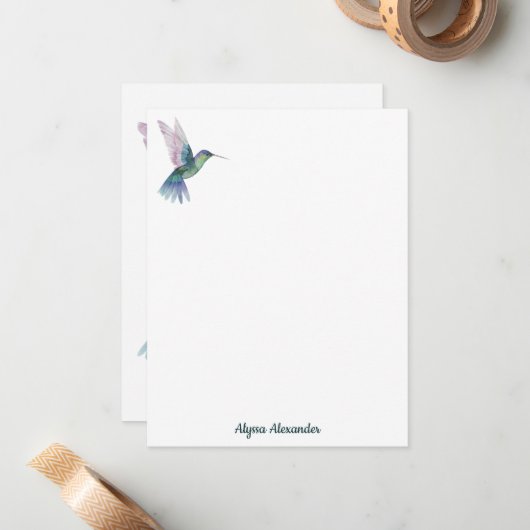 ハミングバエレガントードウォーター色バードアートモノグラム ノートカード (正面/裏面インサイチュ)