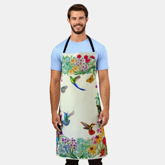 ハミングバカラフルードバタフライフローラガーデン エプロン (着用した状態)