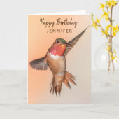 ハミングバパーソナライズされたードネームハッピーバースデー カード (黄色い花)