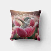 ハミングバードがチューリップで飛び散る クッション (正面)