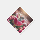 ハミングバードがチューリップで飛び散る スタンダードカクテルナプキン (角)