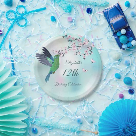 ハミングバードとさくらんぼの花 |誕生日 ペーパープレート (パーティー)