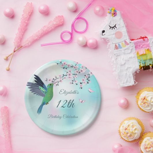 ハミングバードとさくらんぼの花 |誕生日 ペーパープレート (パーティー)