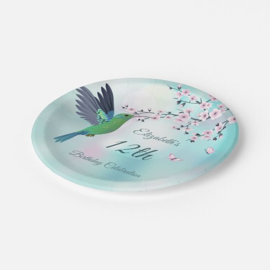 ハミングバードとさくらんぼの花 |誕生日 ペーパープレート (アングル)