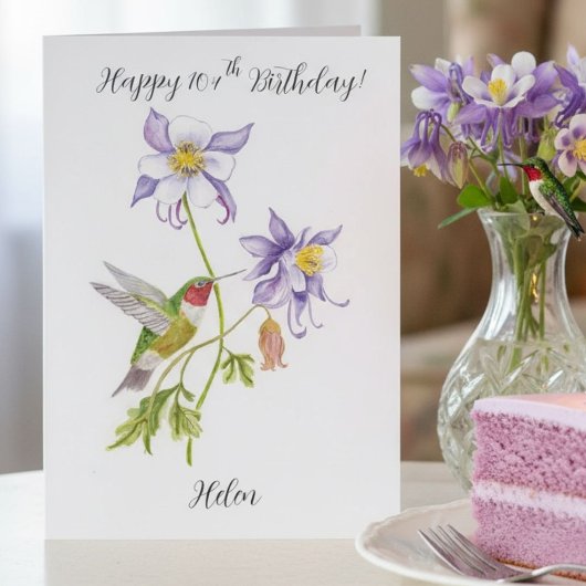 ハミングバードとオダマキの花 104歳の誕生日おめでとう カード