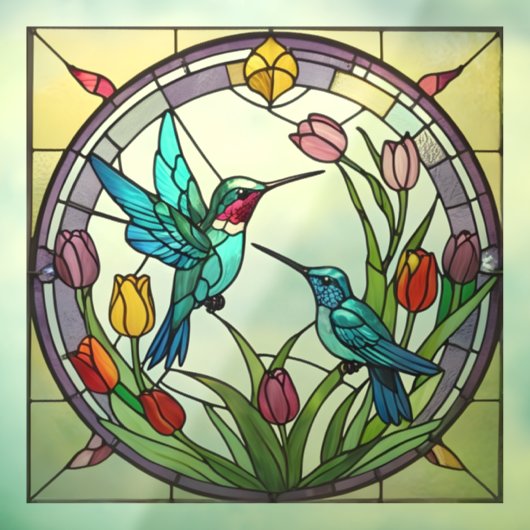 ハミングバードとチューリップの花のステンフェイクドグラス ウィンドウサイン (シート3)