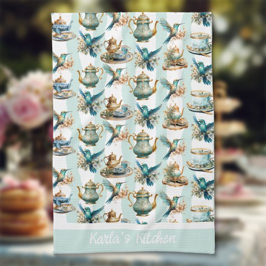 ハミングバードとティータイモノグラムのム キッチンタオル