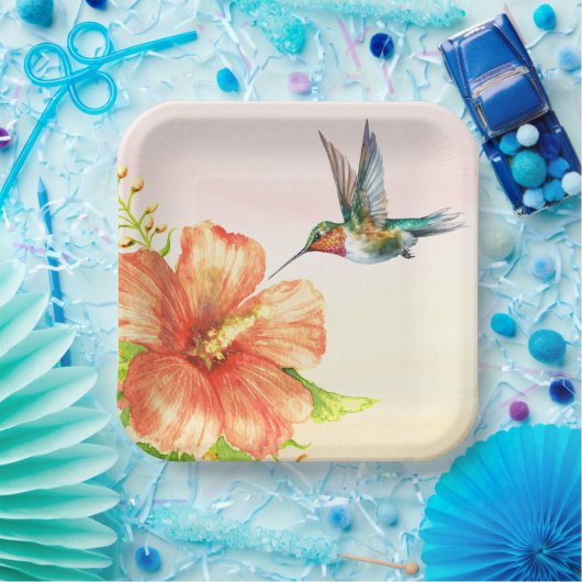 ハミングバードとハイビスカスの花 ペーパープレート (パーティー)