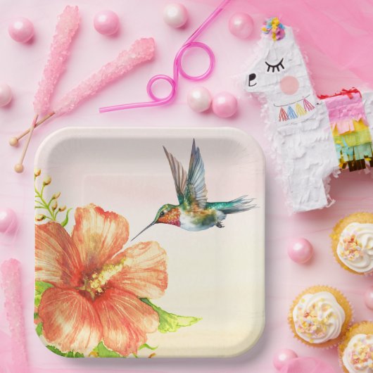 ハミングバードとハイビスカスの花 ペーパープレート (パーティー)