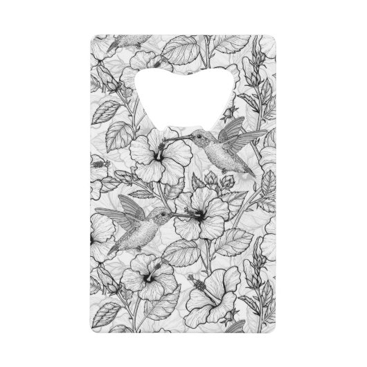 ハミングバードとハイビスカスの花b&w クレジットカード栓抜き (正面)