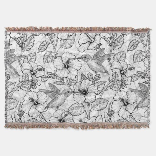ハミングバードとハイビスカスの花b&w スローブランケット (正面)
