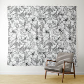 ハミングバードとハイビスカスの花b&w タペストリー (インサイチュ(横))