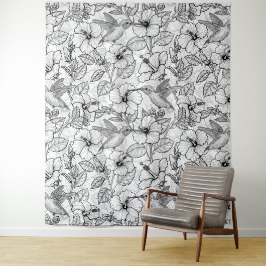 ハミングバードとハイビスカスの花b&w タペストリー (インサイチュ)