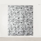 ハミングバードとハイビスカスの花b&w タペストリー (正面)