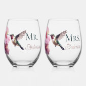 ハミングバードとハイビスカス夫妻 ステムなしワイングラス (正面)