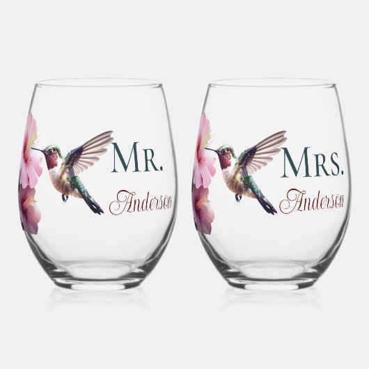 ハミングバードとハイビスカス夫妻 ステムなしワイングラス (正面)
