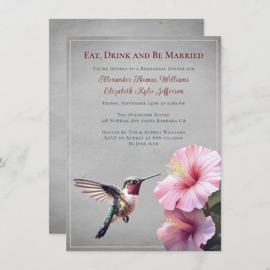 ハミングバードとハイビスカス |グレー・リハーサル・ディナー 招待状 (正面/裏面)