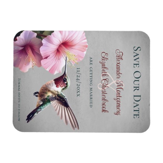 ハミングバードとハイビスカス |日付をグレーで保存 マグネット (横)