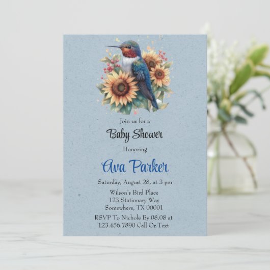 ハミングバードとヒマワリの青い赤ちゃんシャワー 招待状 (スタンド正面)
